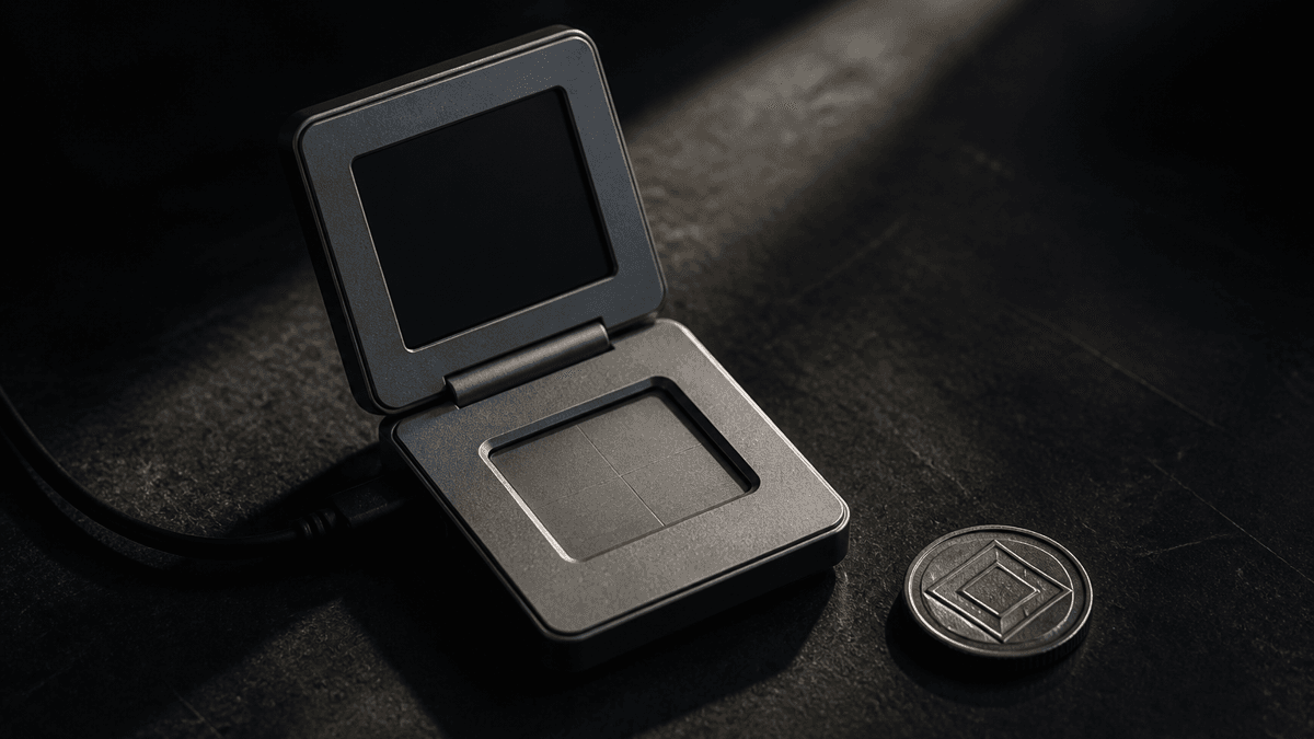 Opened grey hardware signing device with a small dark display on a workbench, next to a coin with a diamond emblem in raking light