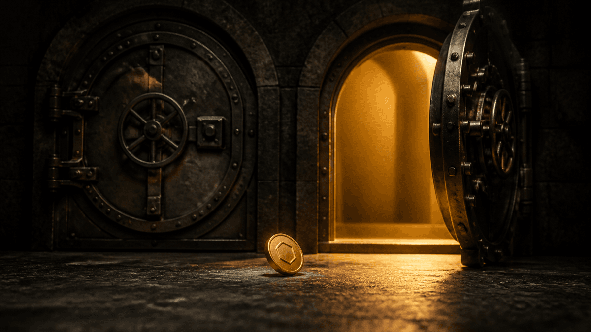 Two vault doors in a dark chamber, the left one almost closed, the right one open and warmly lit, with a rolling coin bearing a hexagonal emblem in front