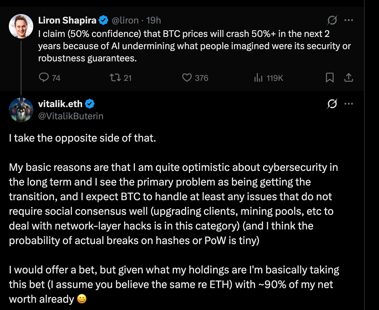 Vitalik Buterin rejects Bitcoin crash warning | Source: X