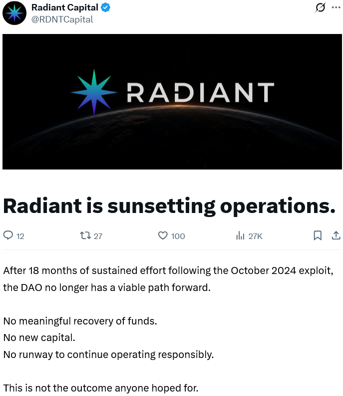 DeFi protocol Radiant to wind down after failing to recover from 2024 hack image 0