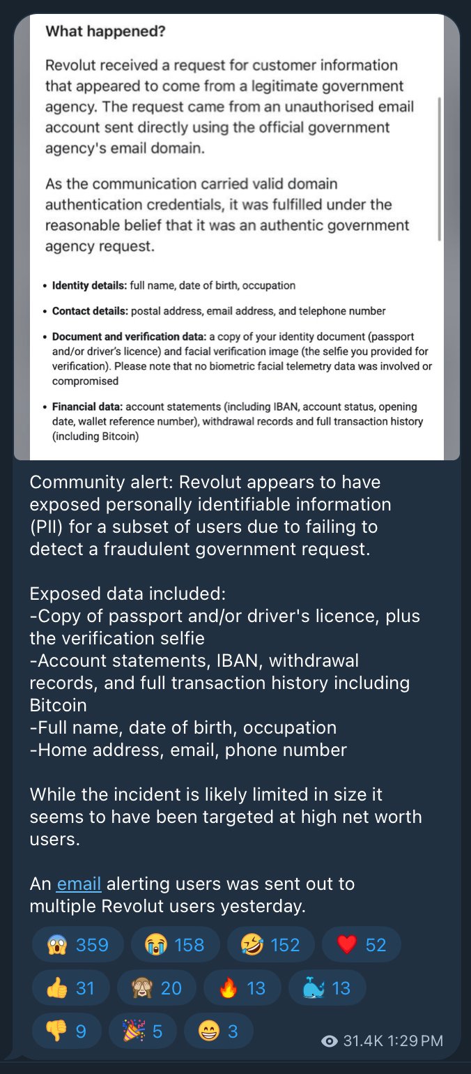 A Revolut data breach exposed identity records and Bitcoin transaction histories after a fraudulent government-domain request cleared checks.