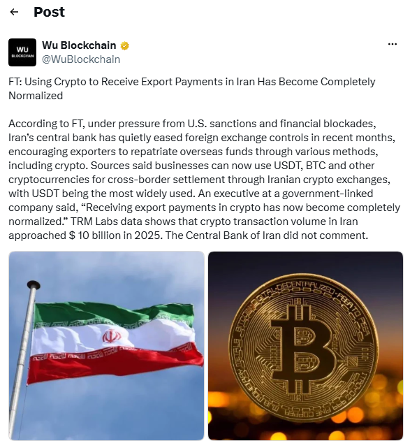 Iran Eases FX Rules as Crypto Payments Expand. Source: X