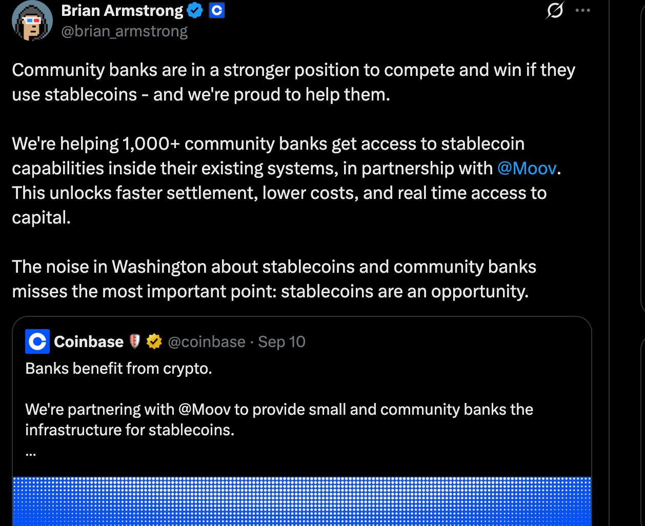 Coinbase CEO Brian Armstrong Outlines his Stand on Stablecoin News | Source: X