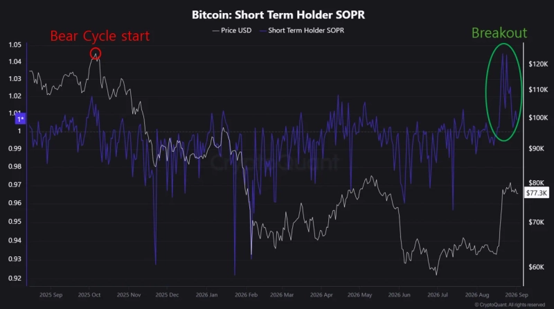 Bitcoin (BTC) short-term holder (STH) SOPR (Spent Output Profit Ratio) trend. Source: CryptoQuant