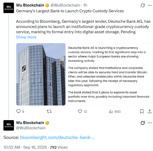 Bitcoin News: Deutsche Bank Launches Crypto Custody | Source: Wu Blockchain