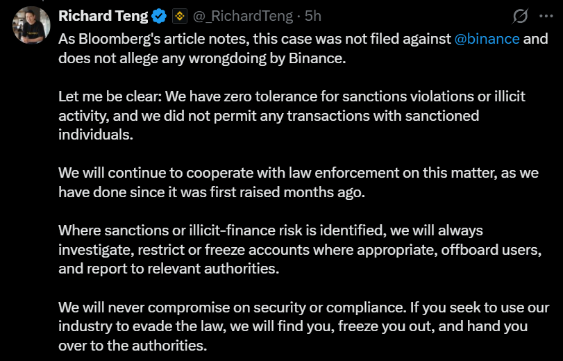 Binance CEO Richard Teng’s Response | Source: X