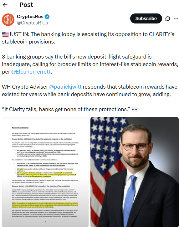 Banking Groups Challenge CLARITY Stablecoin Safeguards. Source: X