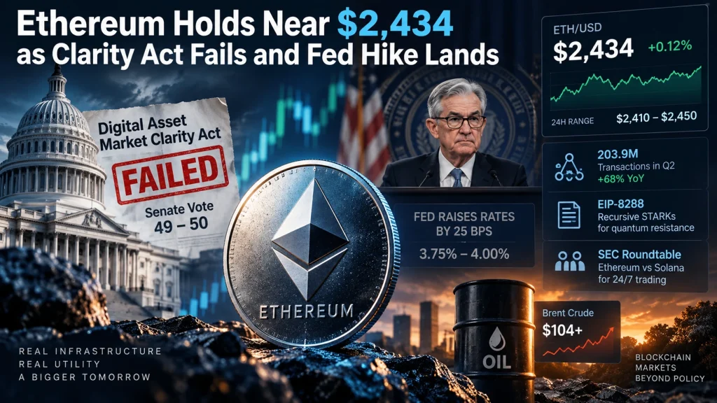 Ethereum Holds Near $2,434 as Clarity Act Fails and Fed Hike Lands Ethereum Holds Near $2,434 as Clarity Act Fails and Fed Hike Lands