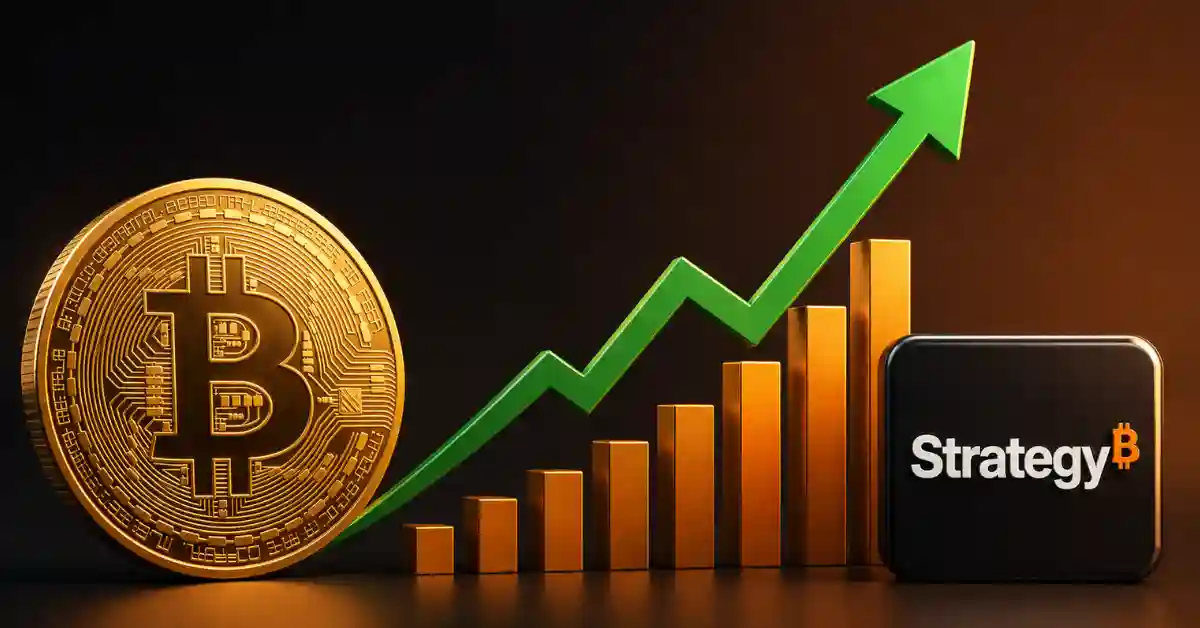 Gold Bitcoin coin next to rising bar graph and a Strategy logo.