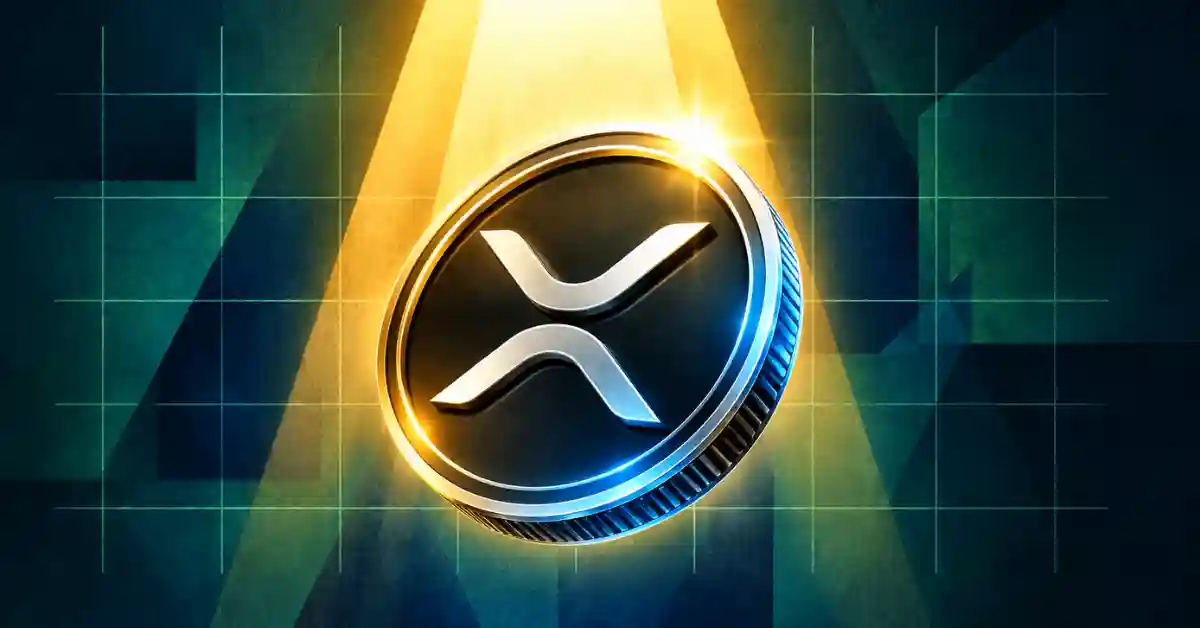 XRP coin glowing in golden spotlight over grid background.