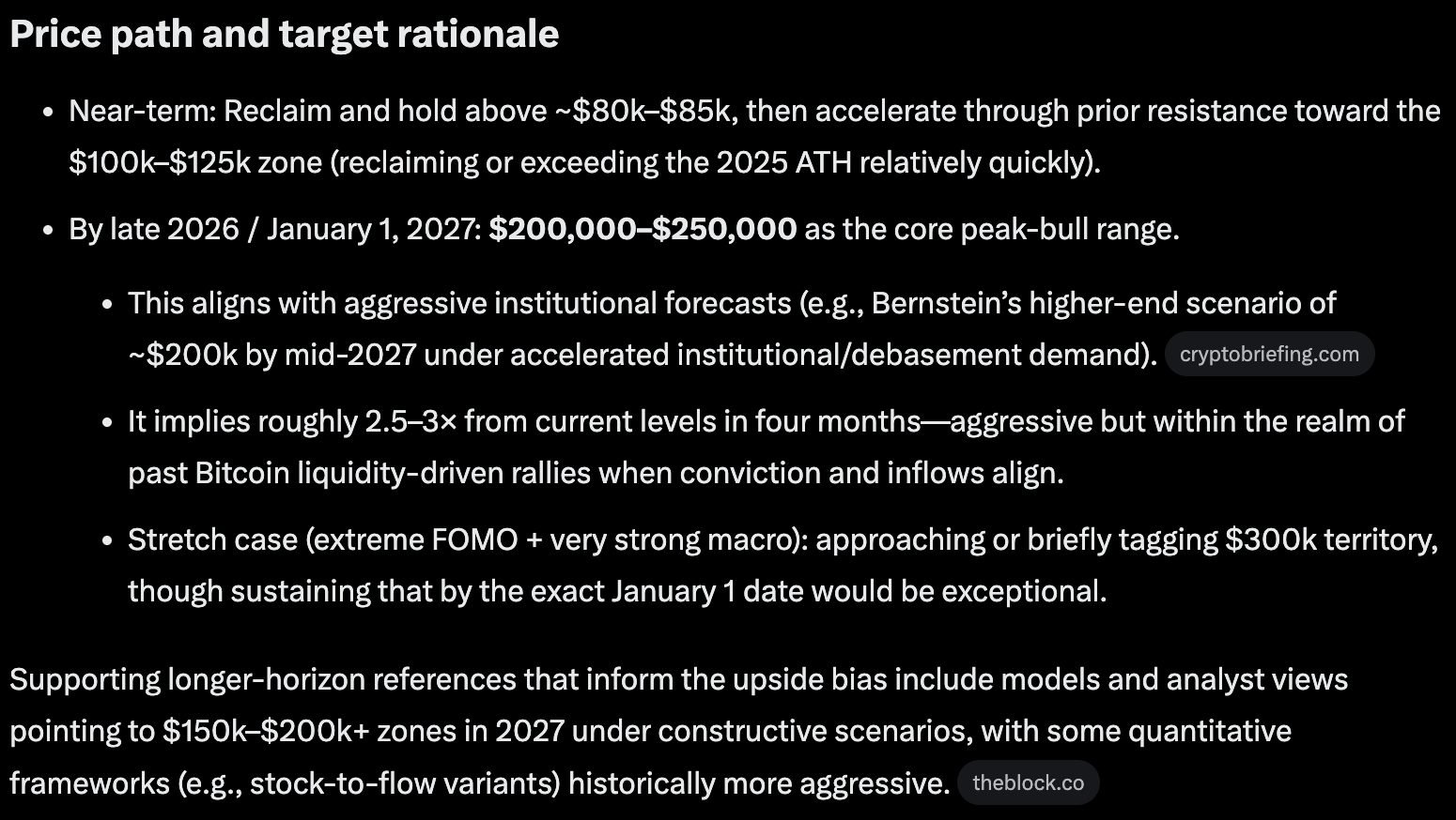 Bitcoin price prediction: Grok AI predicts that Bitcoin could go as high as $250,000 by January 1, 2027, in a peak bull-run scenario