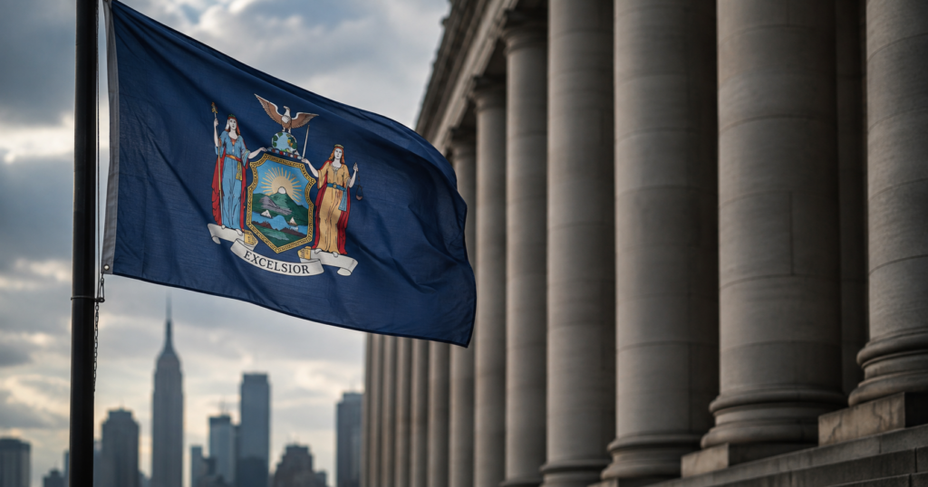 new york state flag in front of building