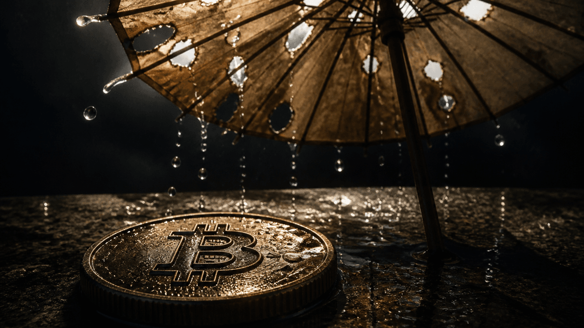 Perforated paper umbrella with water drops falling through the holes onto a wet Bitcoin coin