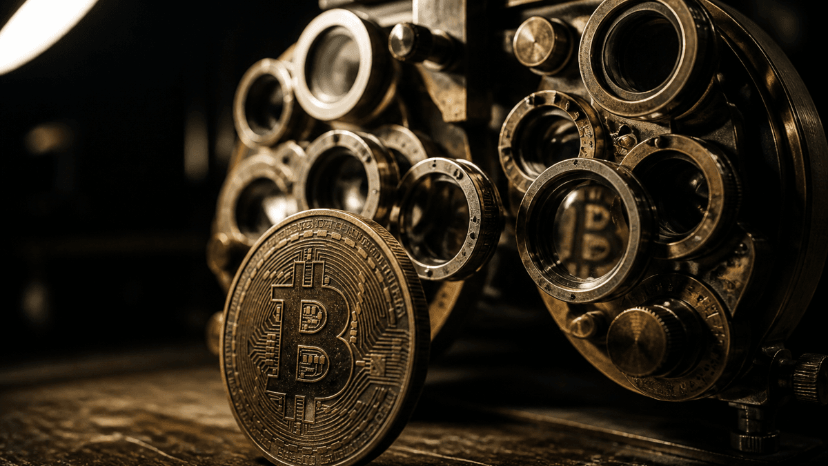 Old brass optician's phoropter with many glass lenses, an upright Bitcoin coin in front of it