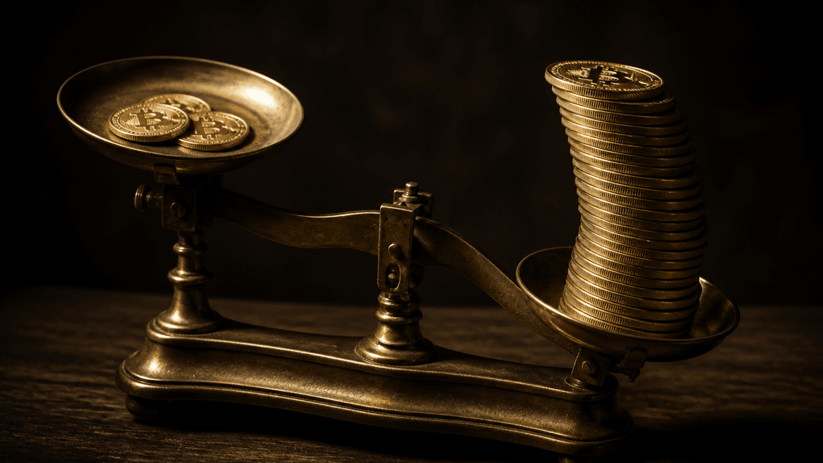 A balance scale with two coins on one side and a tall stack of coins on the other, illustrating unequal fees