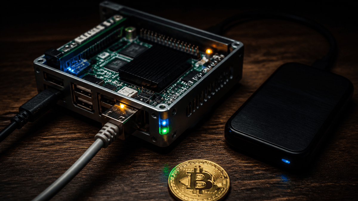 Single-board computer in an open metal case with an external hard drive, network cable and a Bitcoin coin on a wooden table