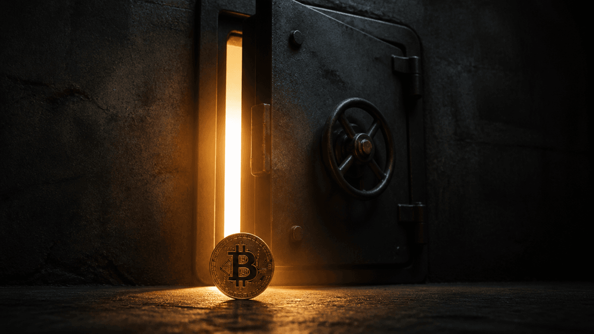 A heavy steel hatch falling shut, light from the narrow gap falling on a Bitcoin coin standing in front of it