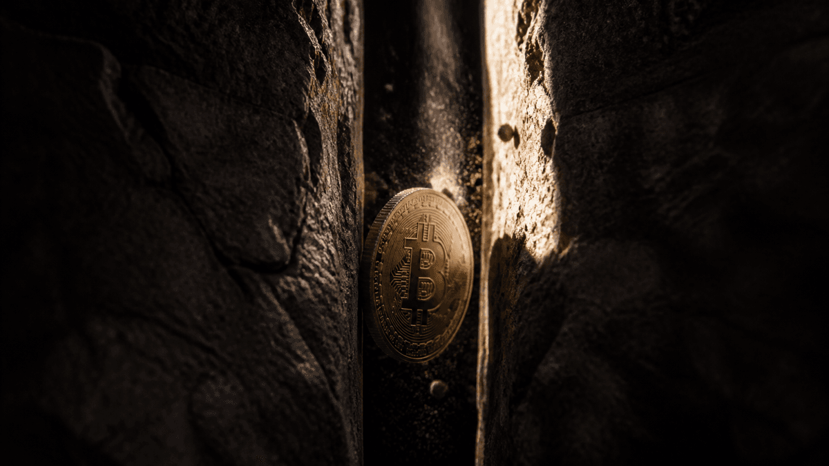 Two massive stone blocks with a narrow black crevice between them, a coin bearing the Bitcoin symbol falling into it