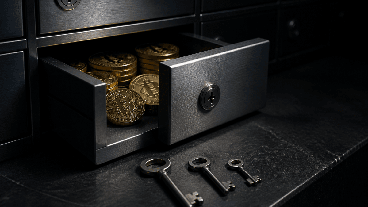 A half-open steel escrow compartment holding stacked Bitcoin coins, with three keys of different sizes lying on a stone slab in front of it
