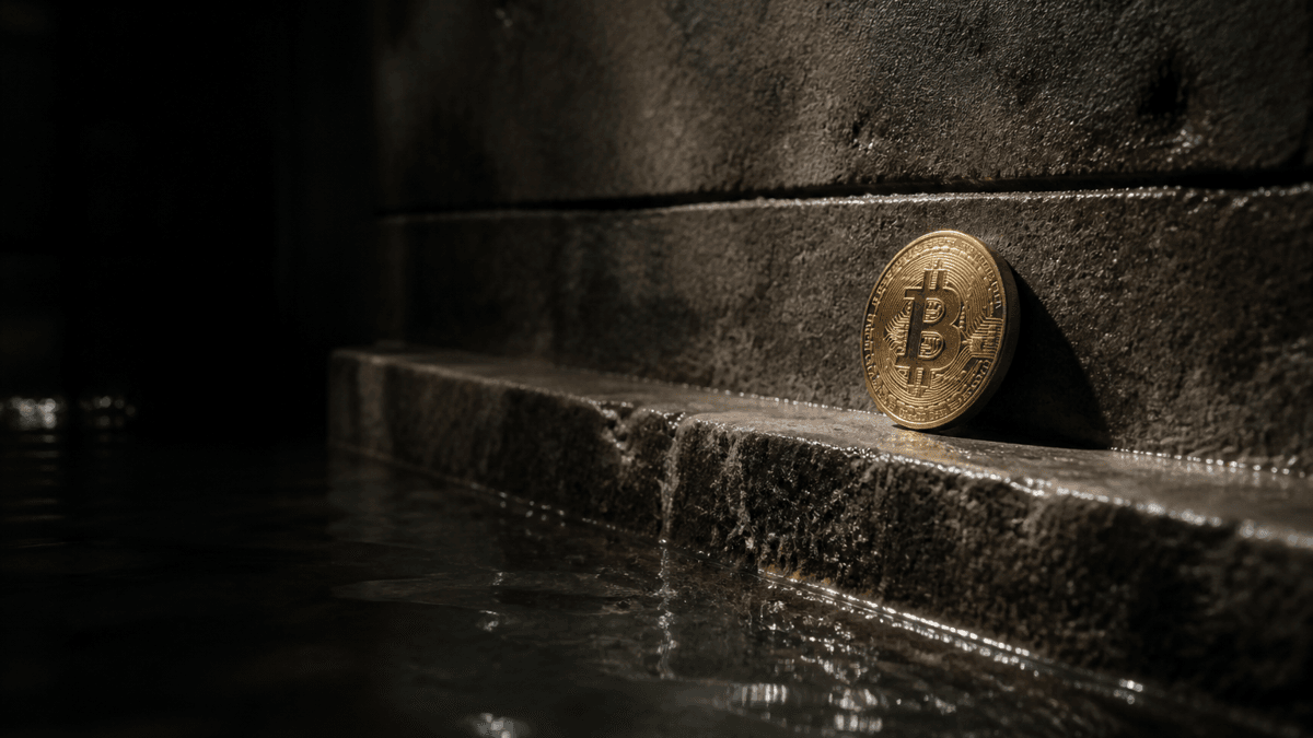 In a dark stone chamber water rises to just below a marker line carved into the wall, with a Bitcoin coin resting on a ledge above it
