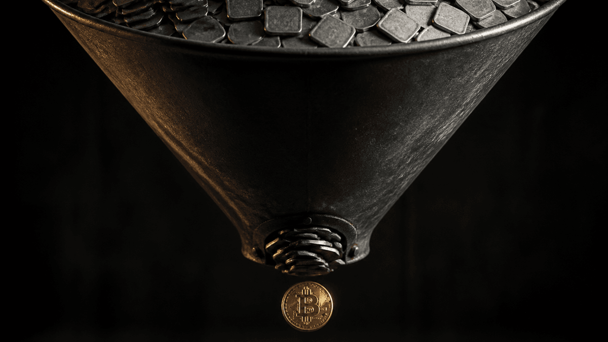 Industrial funnel full of small metal discs, with a single minted bitcoin coin dropping through the narrow opening at the bottom