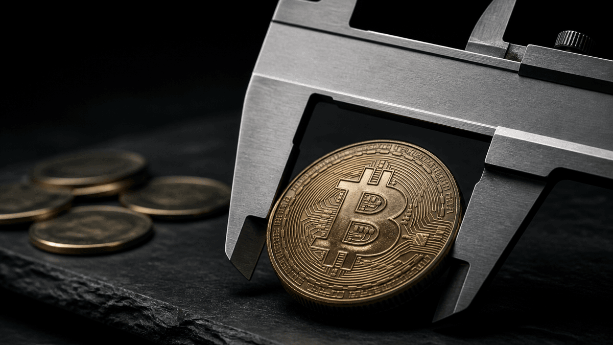 Steel calliper measuring a thick minted bitcoin coin on dark slate, with thin coin discs lying beside it