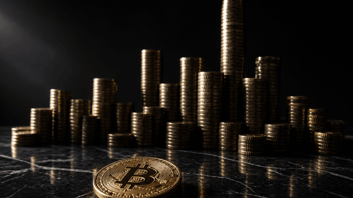A row of coin stacks of differing heights on dark stone, one stack towering above the rest, a Bitcoin coin in front of them