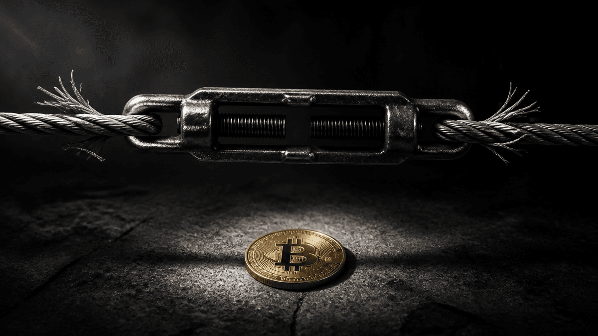A steel cable in a turnbuckle stretched to breaking point, a single Bitcoin coin on concrete beneath it