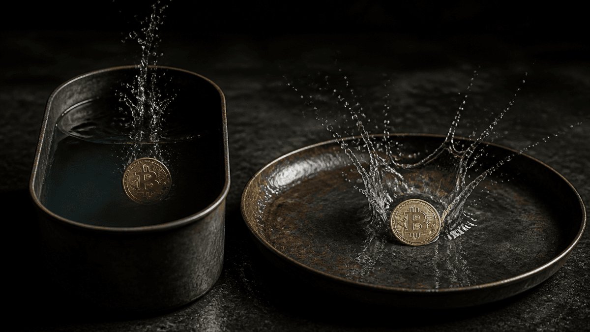 Two vessels side by side: on the left a coin sinks silently into the deep basin, on the right it strikes the shallow dish and throws up a crown of spray