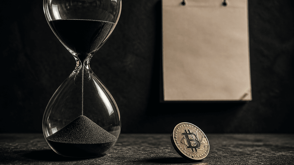 Glass hourglass with the sand almost run through, a Bitcoin coin tipping over on a stone slab in front of it