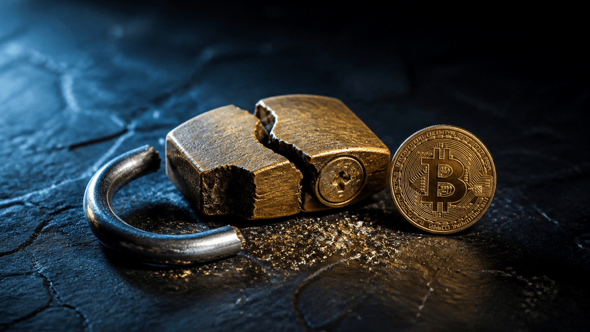 Forced brass padlock on black slate next to an upright Bitcoin coin