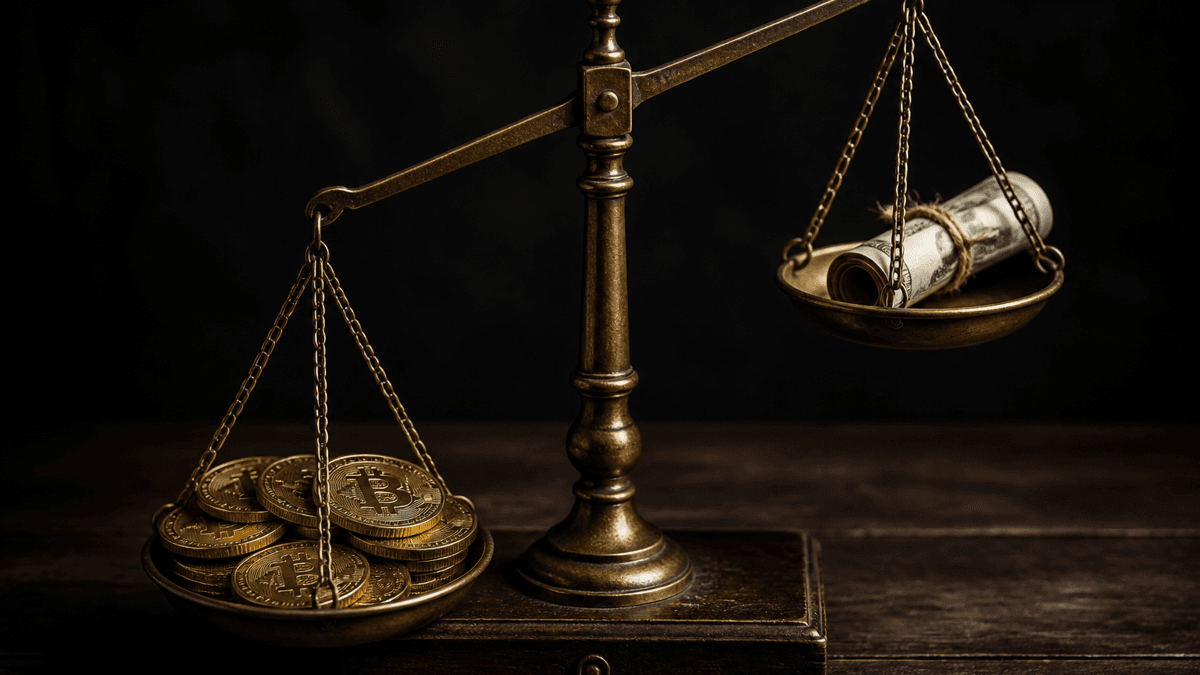 Brass balance scale on dark wood, the left pan holding stacked Bitcoin coins low down, the right pan holding a rolled banknote up high