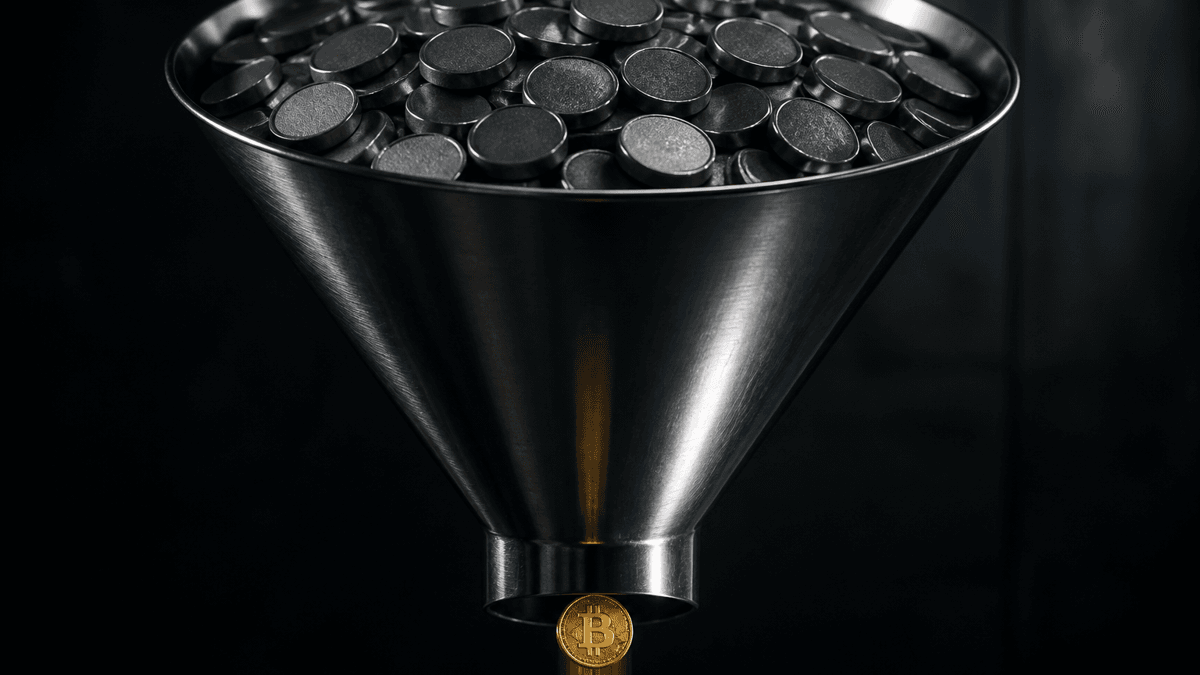 Metal funnel packed with jammed matte metal discs, while a single gold coin bearing the Bitcoin symbol slips freely through at the bottom