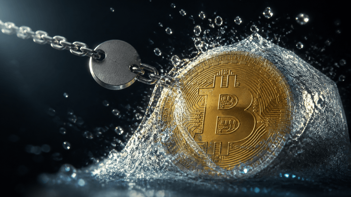 A small metal coin pulls a larger gold coin bearing the Bitcoin symbol out of a breaking sheet of ice on a taut steel chain