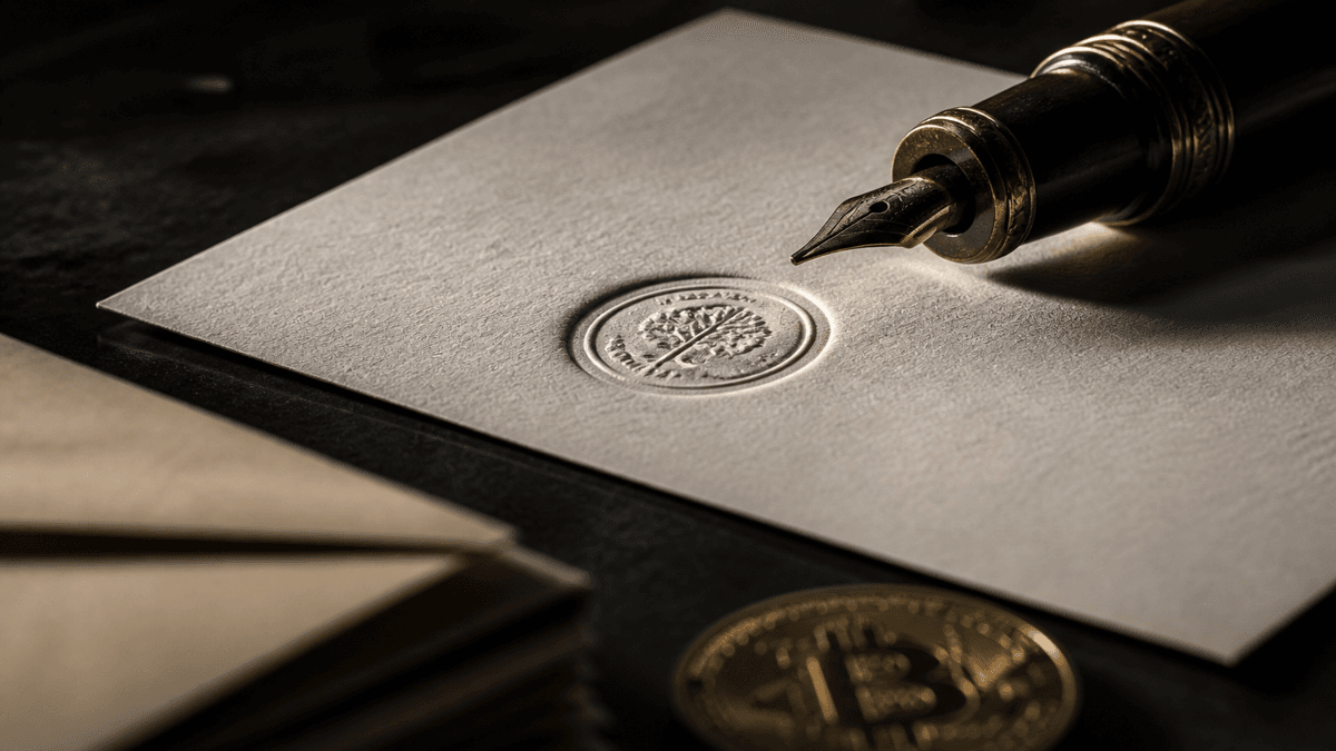 Sheet of paper with a deeply embossed round stamp and a heavy fountain pen, a stack of envelopes and a coin bearing the Bitcoin symbol blurred in front