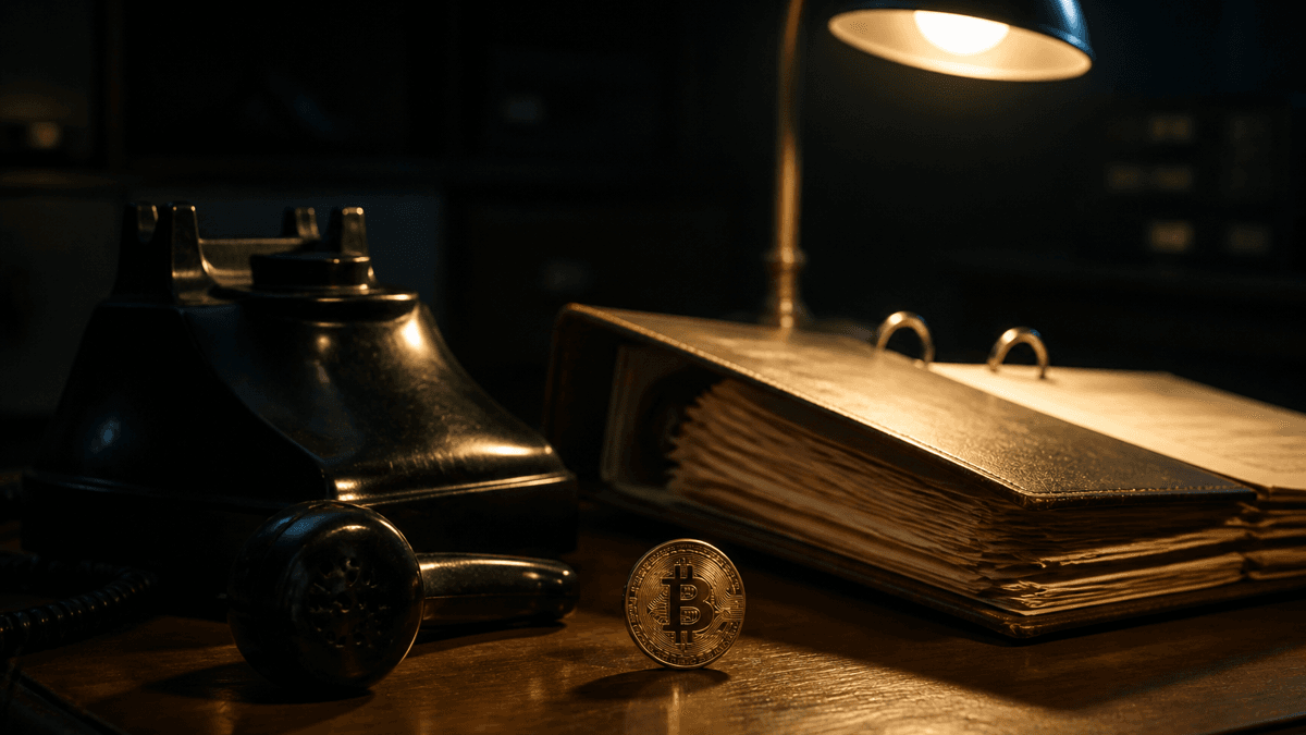 Dark bakelite desk telephone with the receiver off the hook next to an open ring binder, warm lamplight, a coin bearing the Bitcoin symbol in front
