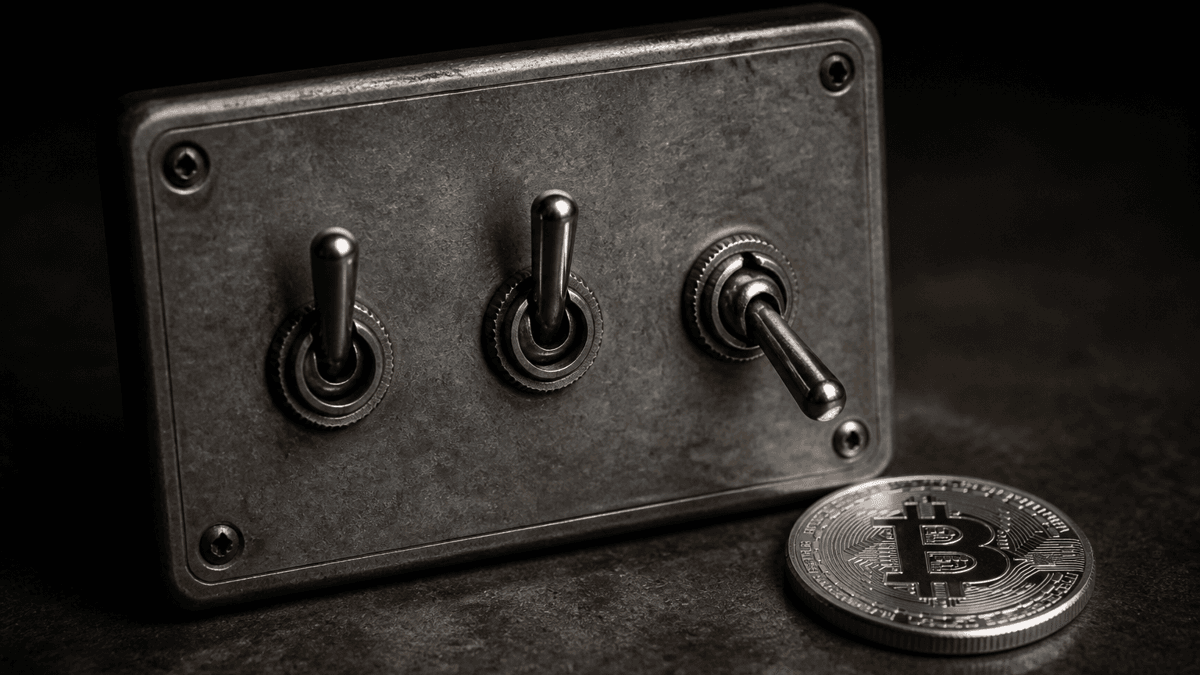 Metal panel with three toggle switches, two up and one down, beside it a silver coin bearing the Bitcoin symbol