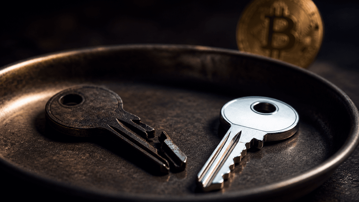 Severed old key in a metal tray next to a brightly gleaming new key