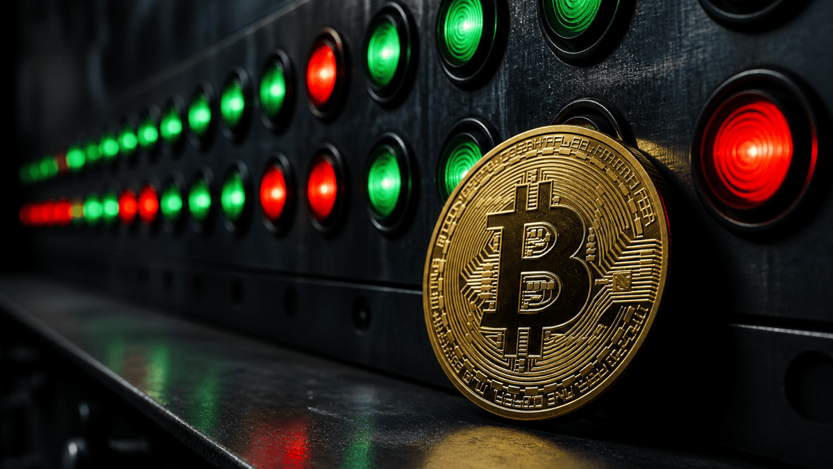 Industrial control panel with a row of indicator lights, several of them red, a bitcoin coin in the foreground