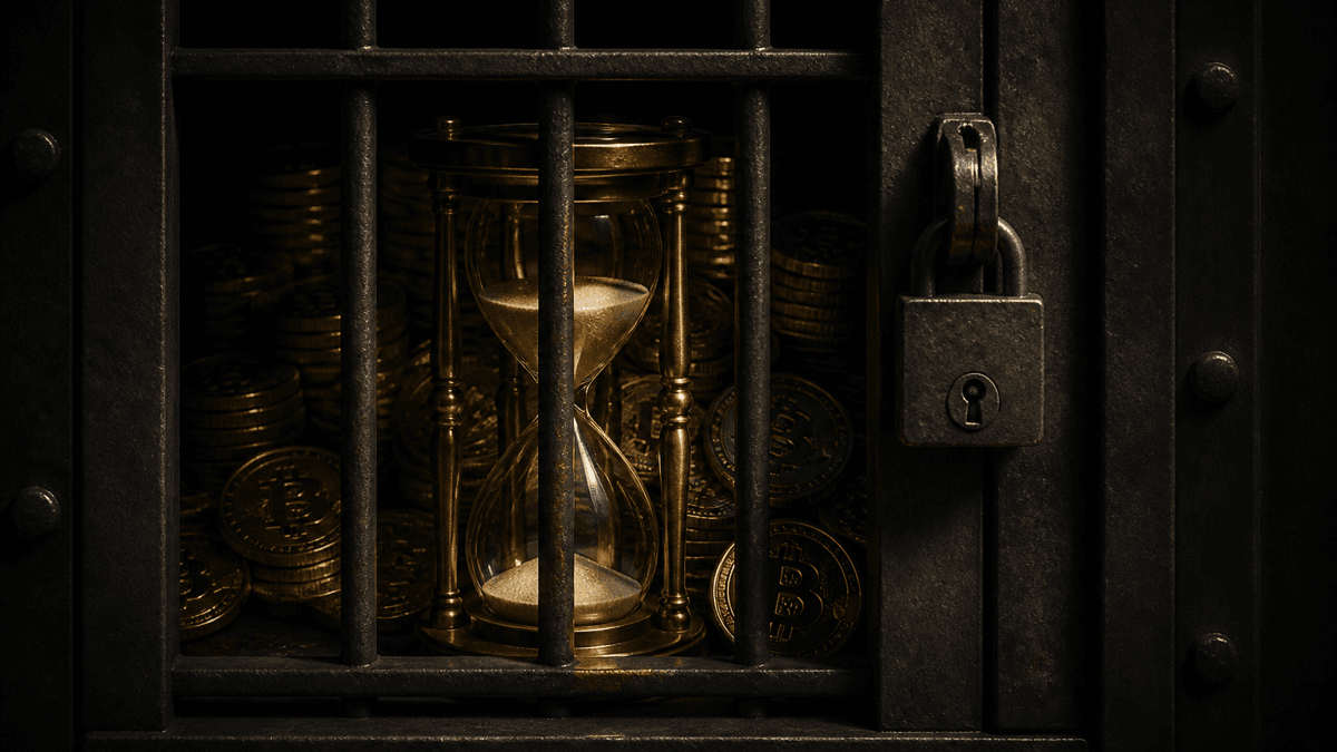 Brass hourglass behind a locked steel grille, unreachable bitcoin coins in half shadow behind it