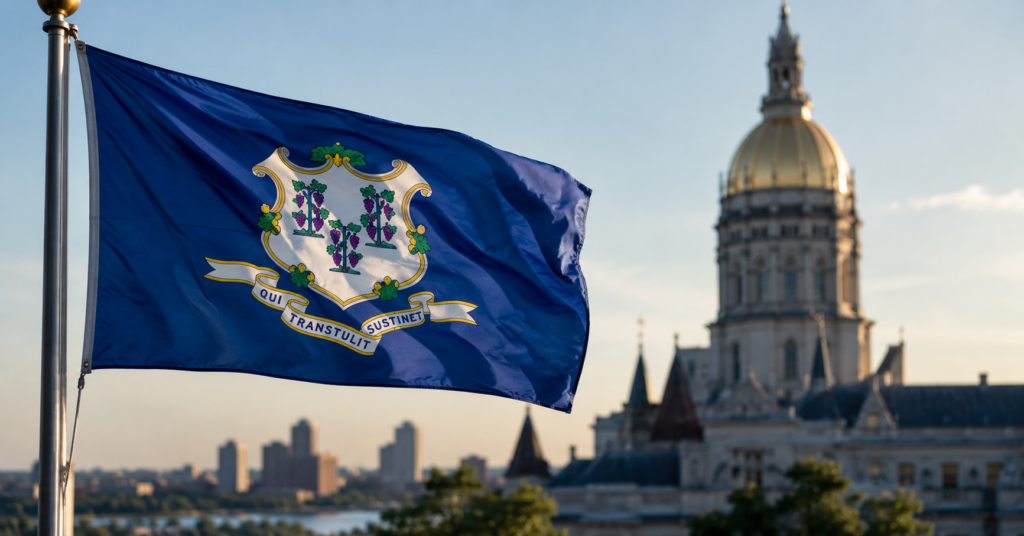 connecticut state flag in front of dome building