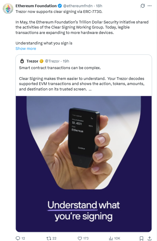 Trezor Supports ETH Crypto Clear Signing | Source: Ethereum Foundation