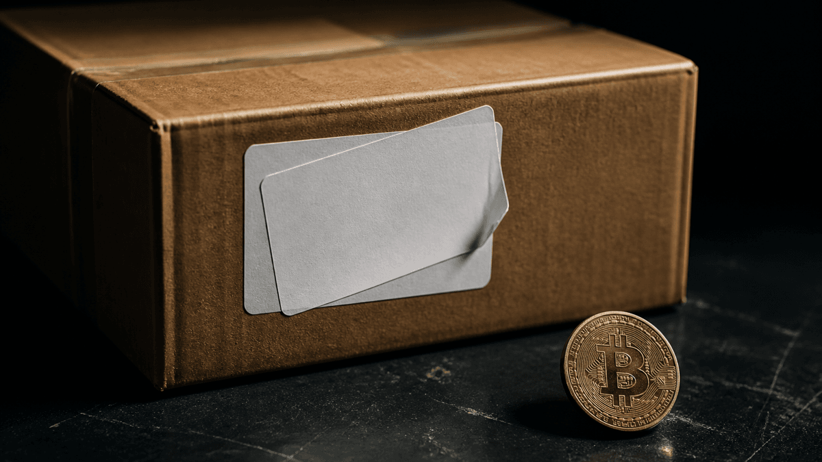 A second, blank label stuck crookedly over the original label of a parcel, next to a coin bearing a bitcoin symbol