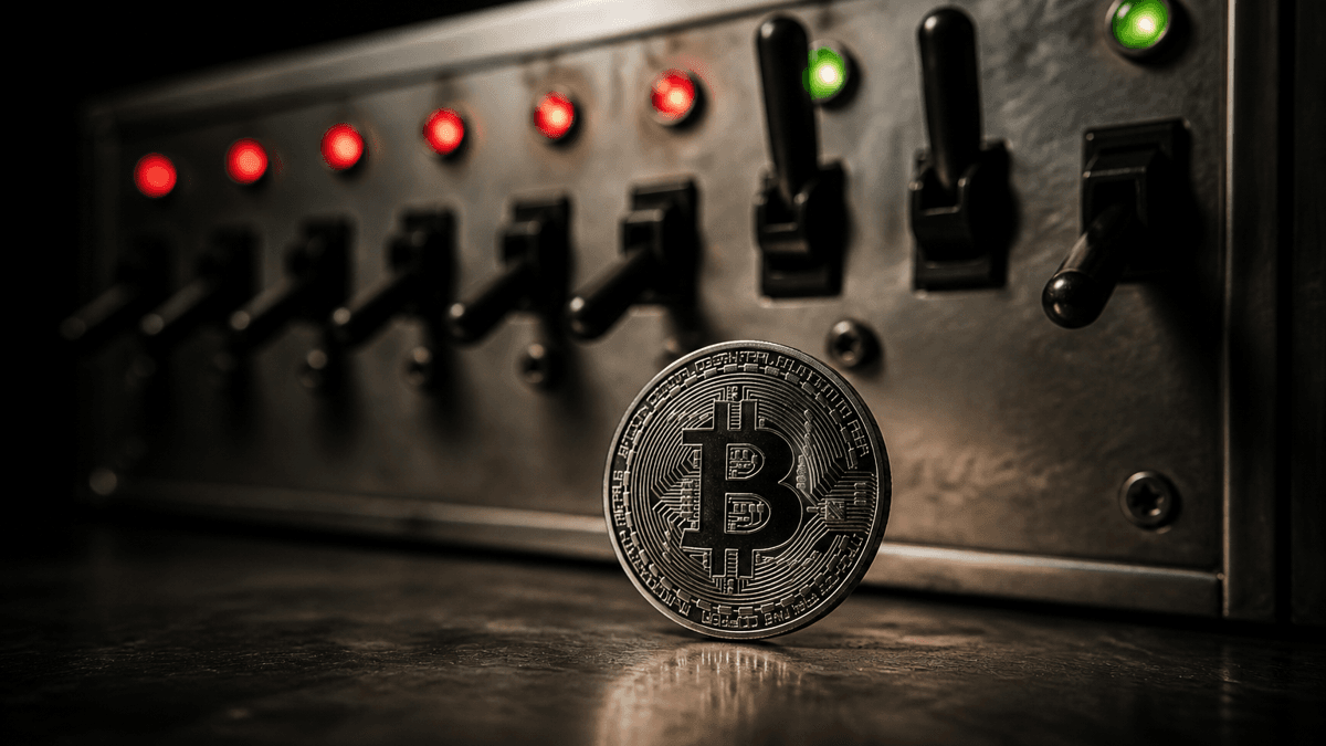 Industrial switchboard with mostly switched-off toggle switches and an upright bitcoin coin