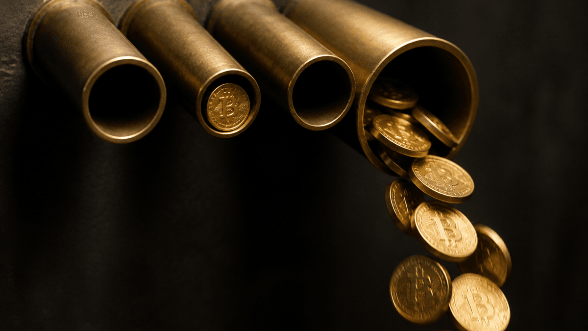 Four brass pipes of different widths in a dark wall, Bitcoin coins pouring out of the widest while a single coin is jammed in the narrowest