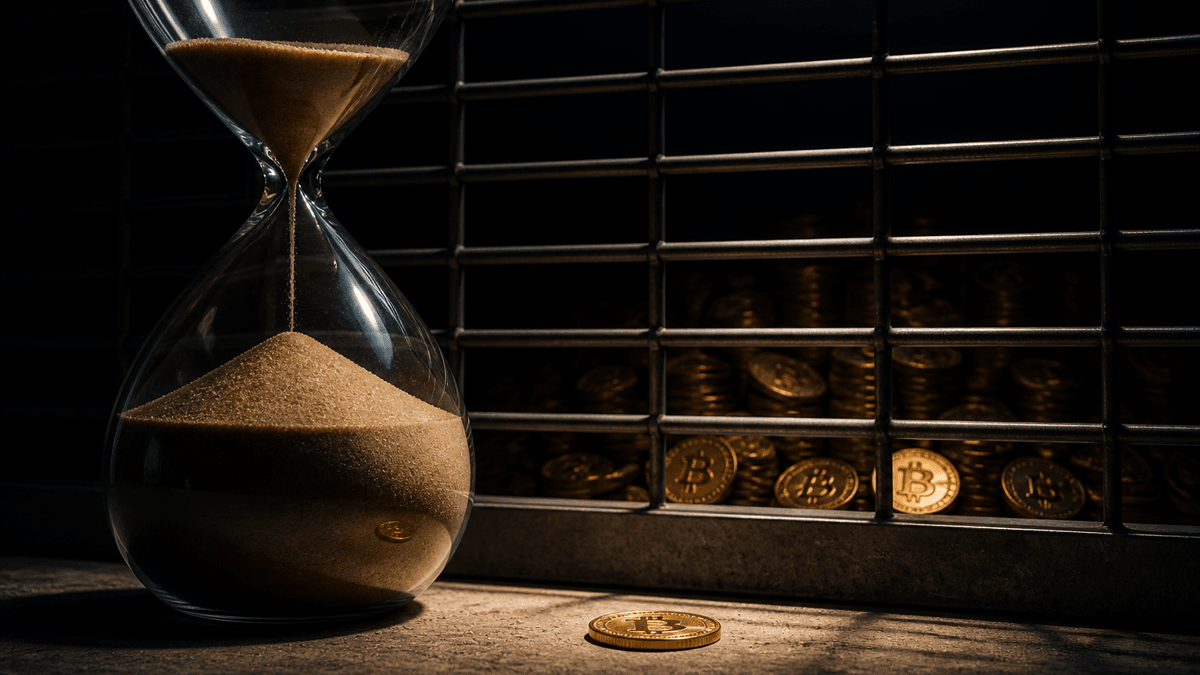 An hourglass with an almost full lower chamber in front of a lowered steel grille, behind which Bitcoin coins lie out of reach