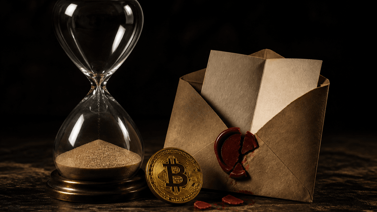 A run-out hourglass next to an opened envelope with a broken wax seal and a gold coin bearing the Bitcoin symbol