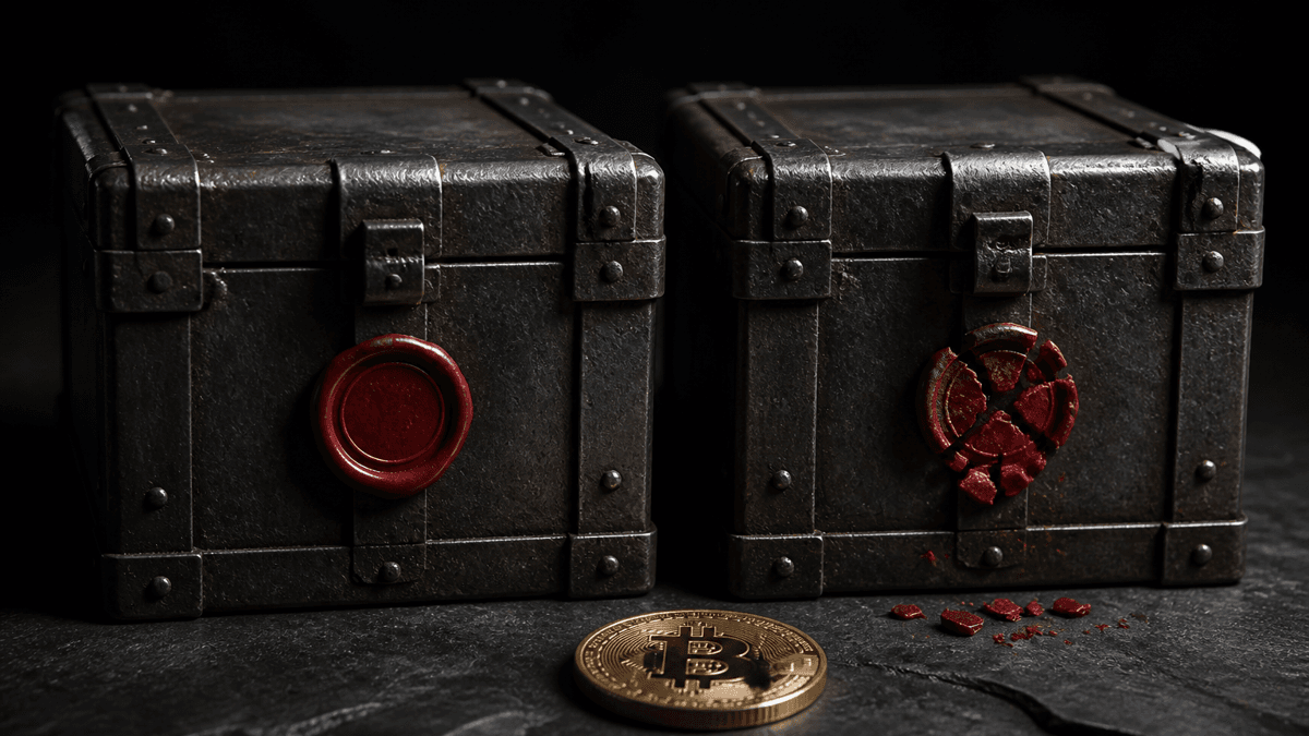 Two outwardly identical metal crates side by side, an intact red wax seal on the left and a shattered one on the right, with a gold coin bearing the Bitcoin symbol in front