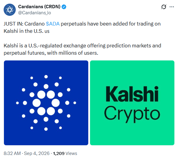 Kalshi Prediction Markets Launches Cardano Perpetuals | Source: Cardanians
