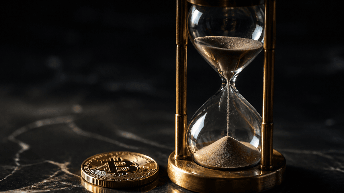 Brass hourglass with sand running through it on a polished dark stone slab, a metal coin embossed with the Bitcoin symbol lying flat beside it